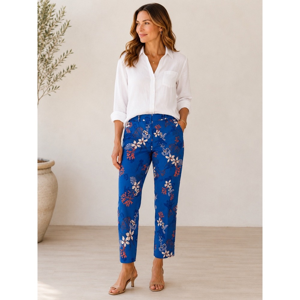 Liz Claiborne Emma Blue Floral Ankle Pants 8P Petite Boho Cottagecore Slim Leg